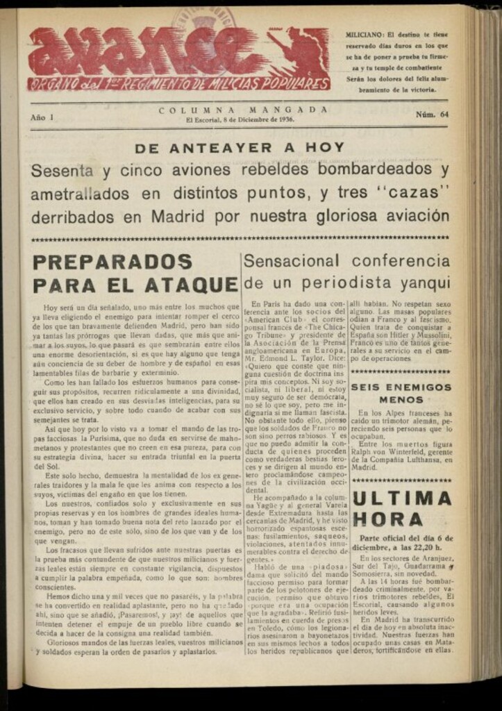Miniatura de Avance: boletín de lucha antifascista de 8 de diciembre de 1936, nº 64