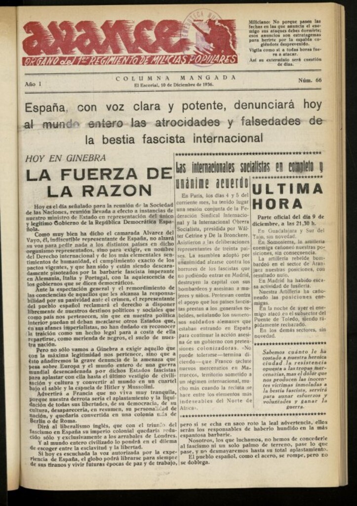 Miniatura de Avance: boletín de lucha antifascista de 10 de diciembre de 1936, nº 66
