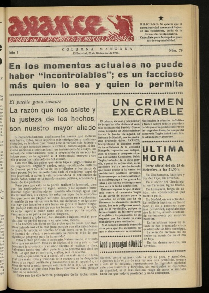 Miniatura de Avance: boletín de lucha antifascista de 26 de diciembre de 1936, nº 79