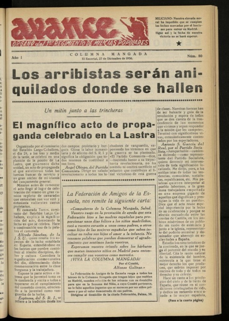 Miniatura de Avance: boletín de lucha antifascista de 27 de diciembre de 1936, nº 80
