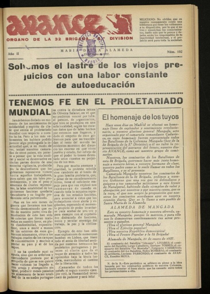 Miniatura de Avance: boletín de lucha antifascista de 23 de enero de 1937, nº 102