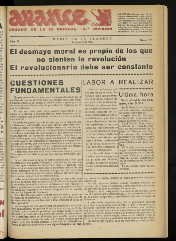 Miniatura de Avance: boletín de lucha antifascista de 24 de enero de 1937, nº 103