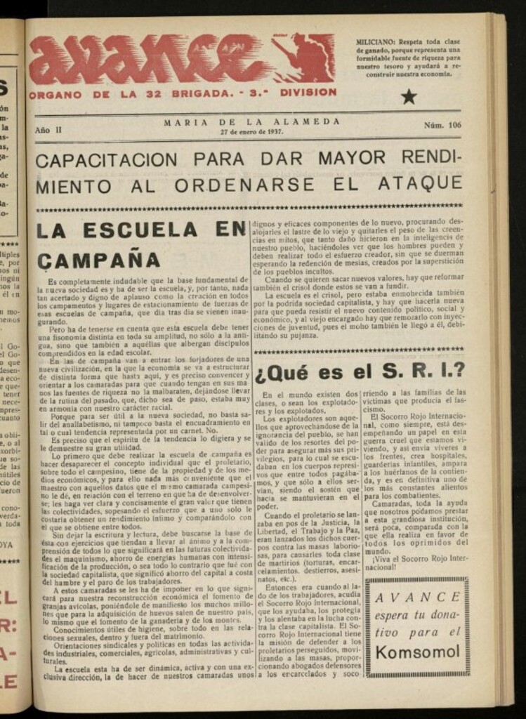 Miniatura de Avance: boletín de lucha antifascista de 27 de enero de 1937, nº 106
