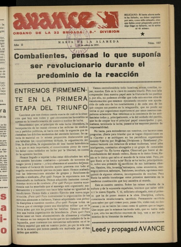 Miniatura de Avance: boletín de lucha antifascista de 29 de enero de 1937, nº 107
