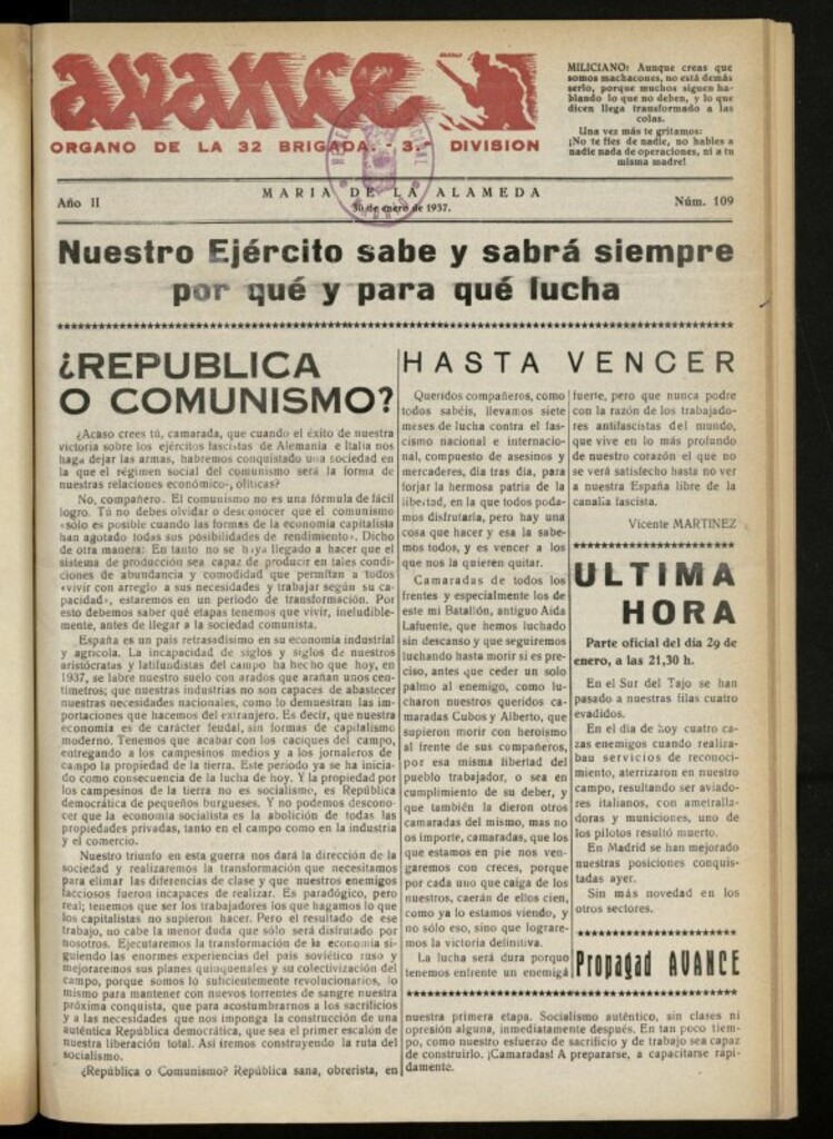 Miniatura de Avance: boletín de lucha antifascista de 30 de enero de 1937, nº 109
