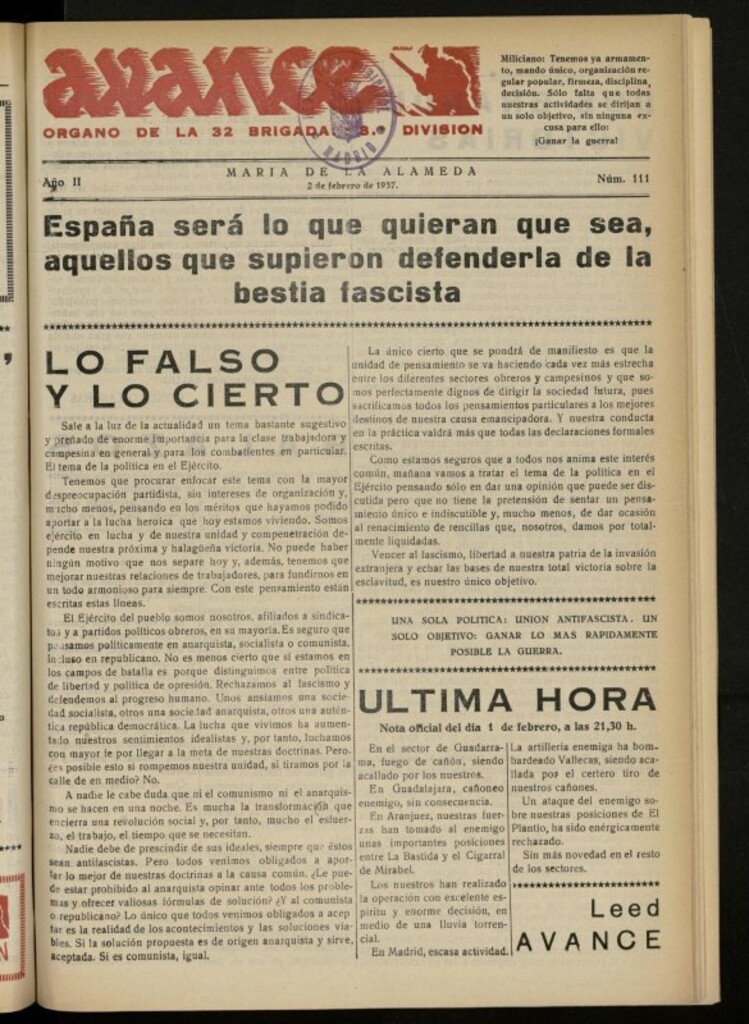 Miniatura de Avance: boletín de lucha antifascista de 2 de febrero de 1937, nº 111