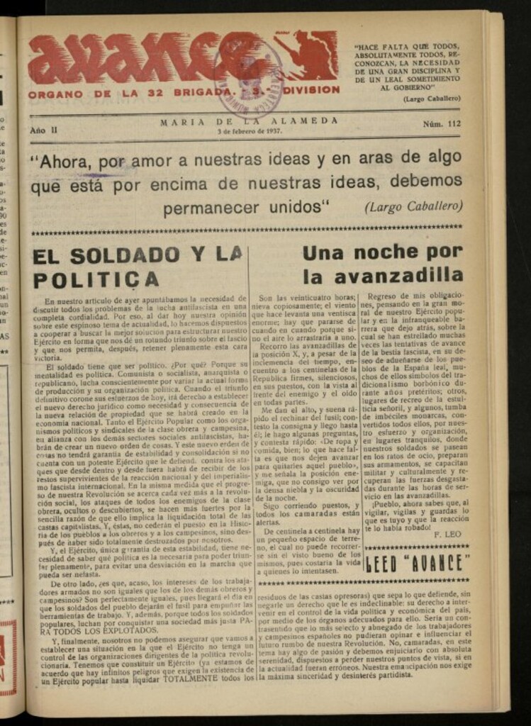 Miniatura de Avance: boletín de lucha antifascista de 3 de febrero de 1937, nº 112