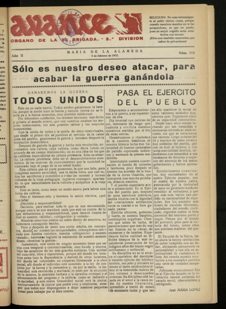 Miniatura de Avance: boletín de lucha antifascista de 5 de febrero de 1937, nº 114