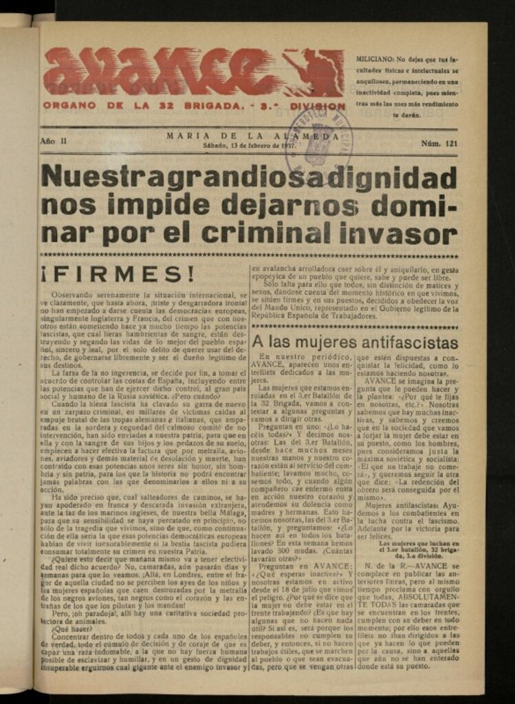 Miniatura de Avance: boletín de lucha antifascista de 13 de febrero de 1937, nº 121