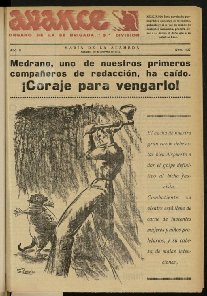 Miniatura de Avance: boletín de lucha antifascista de 20 de febrero de 1937, nº 127