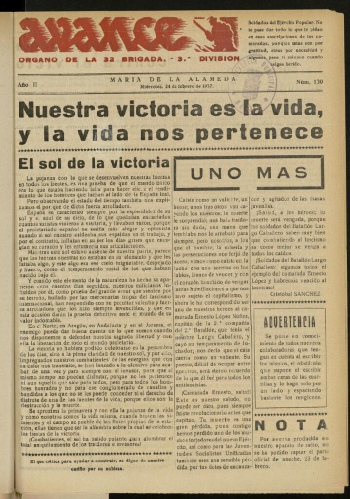 Miniatura de Avance: boletín de lucha antifascista de 24 de febrero de 1937, nº 130