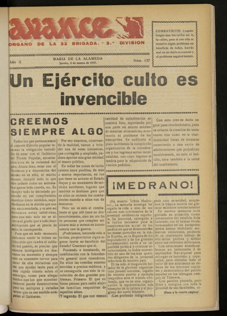 Miniatura de Avance: boletín de lucha antifascista de 4 de marzo de 1937, nº 137