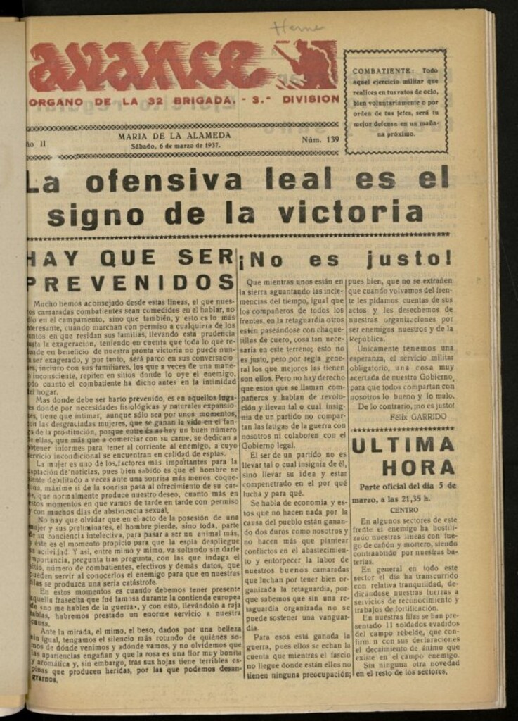 Miniatura de Avance: boletín de lucha antifascista de 6 de marzo de 1937, nº 139