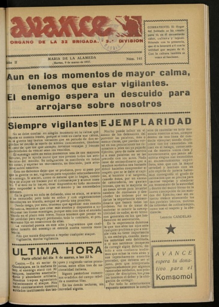 Miniatura de Avance: boletín de lucha antifascista de 9 de marzo de 1937, nº 141