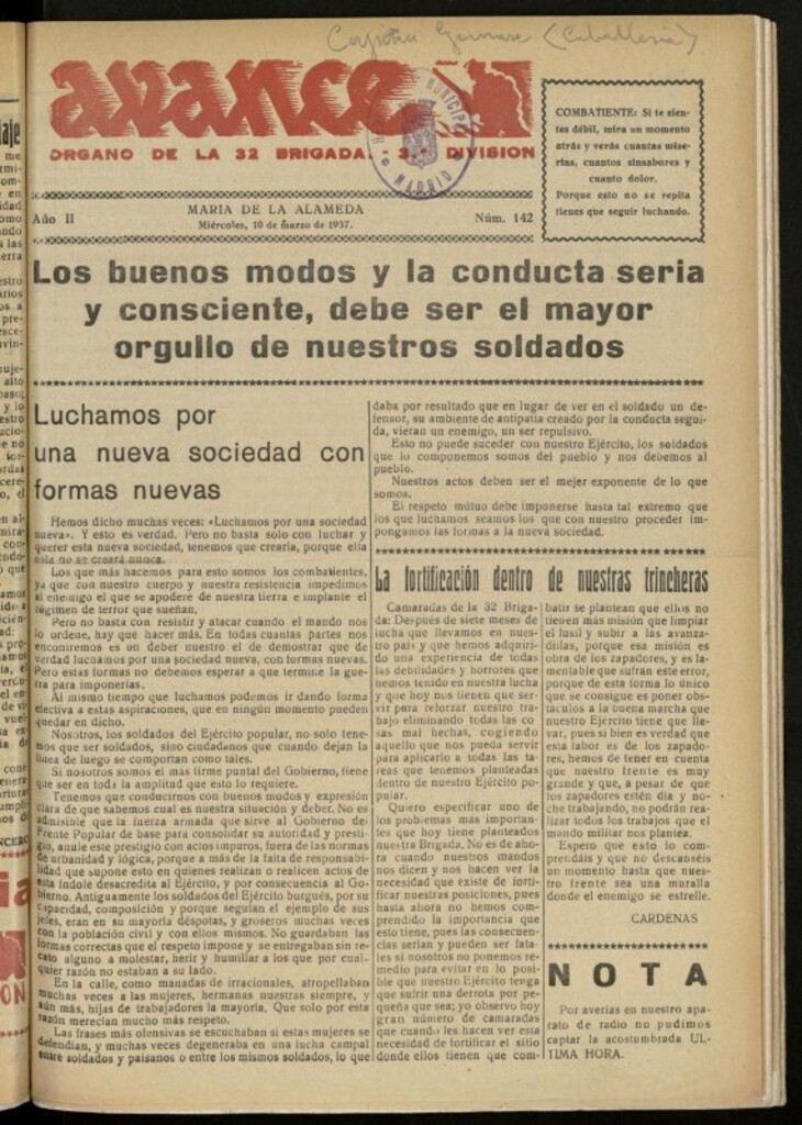 Miniatura de Avance: boletín de lucha antifascista de 10 de marzo de 1937, nº 142