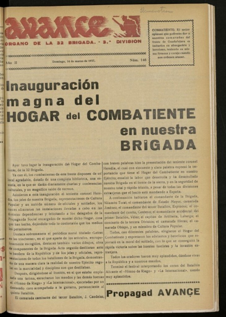 Miniatura de Avance: boletín de lucha antifascista de 14 de marzo de 1937, nº 146
