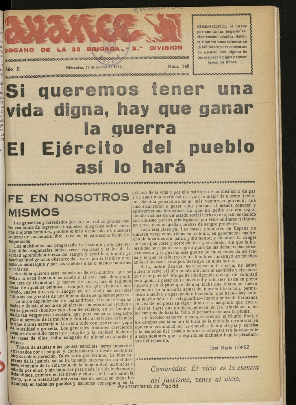 Miniatura de Avance: boletín de lucha antifascista de 17 de marzo de 1937, nº 148