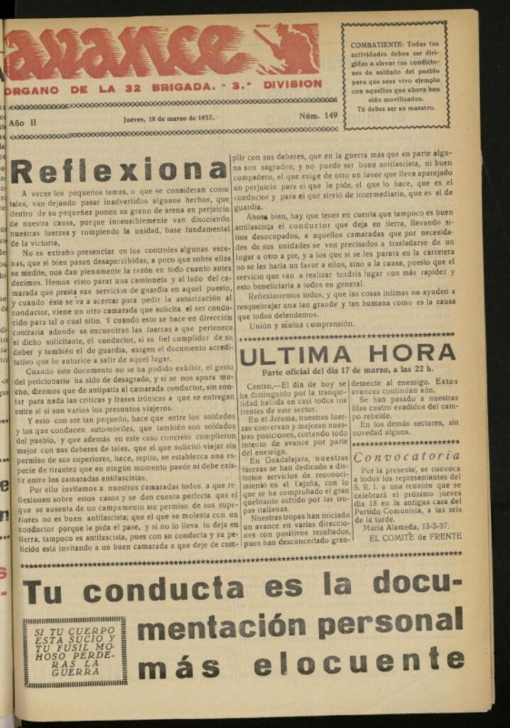 Miniatura de Avance: boletín de lucha antifascista de 18 de marzo de 1937, nº 149