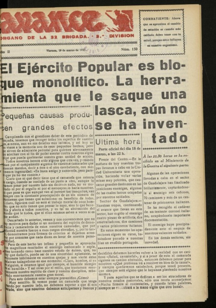 Miniatura de Avance: boletín de lucha antifascista de 19 de marzo de 1937, nº 150