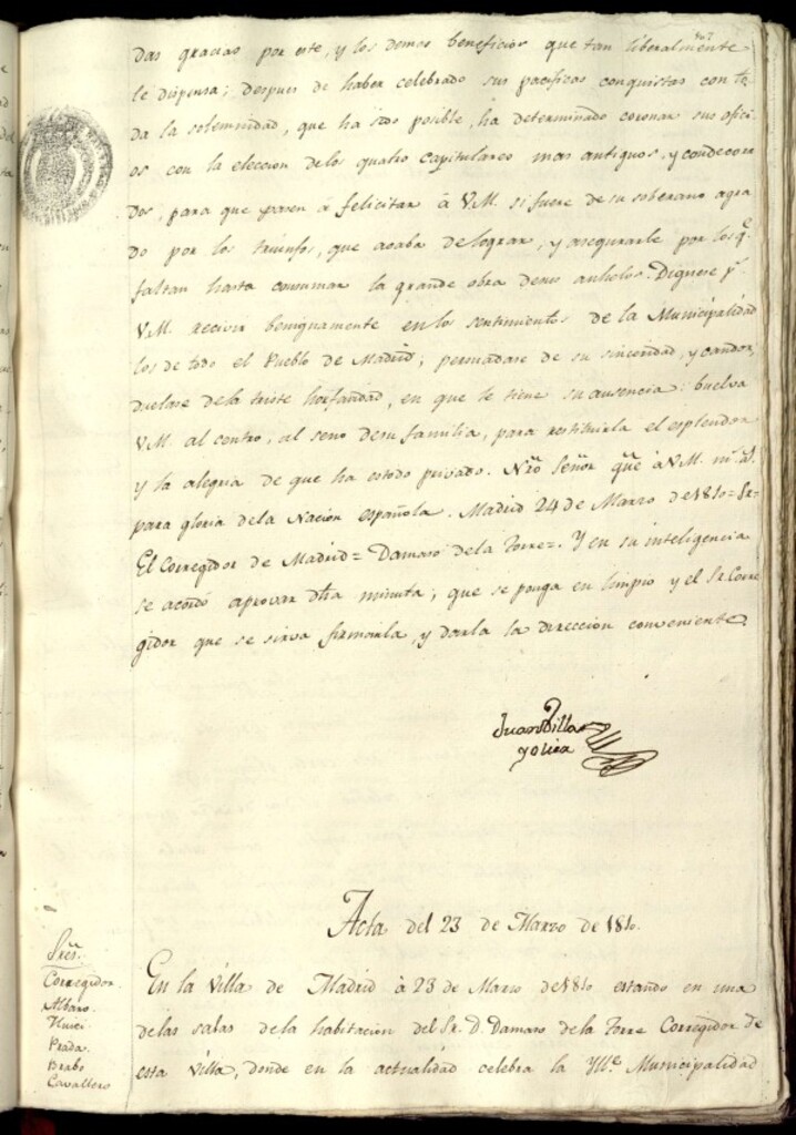 Miniatura de Libro de Acuerdos del Ayuntamiento de Madrid del 23 de marzo de 1810