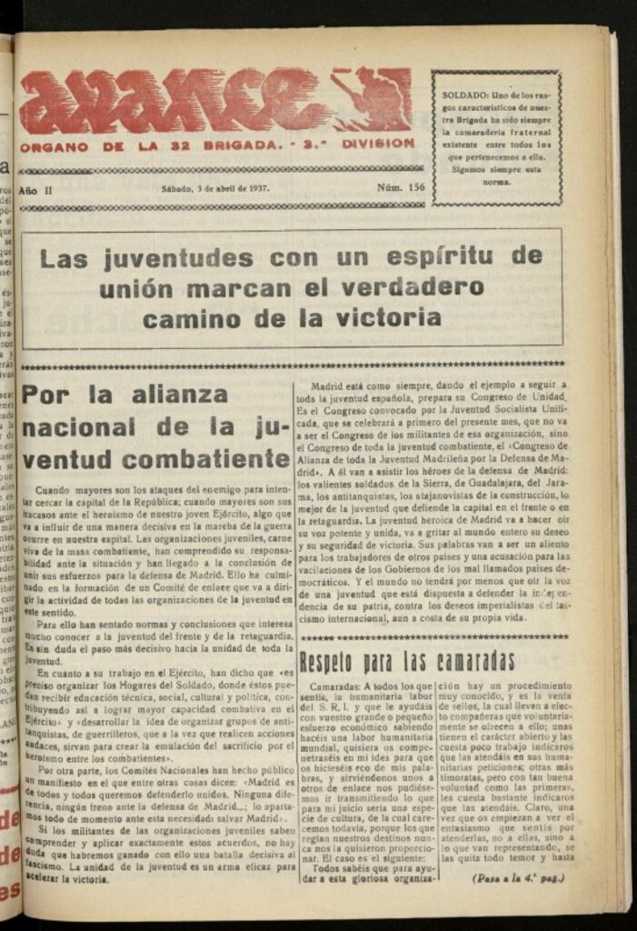 Miniatura de Avance: boletín de lucha antifascista de 3 de abril de 1937, nº 156