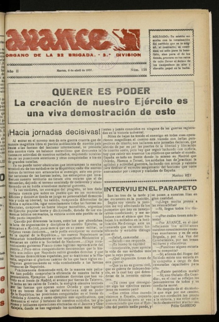 Miniatura de Avance: boletín de lucha antifascista de 6 de abril de 1937, nº 158