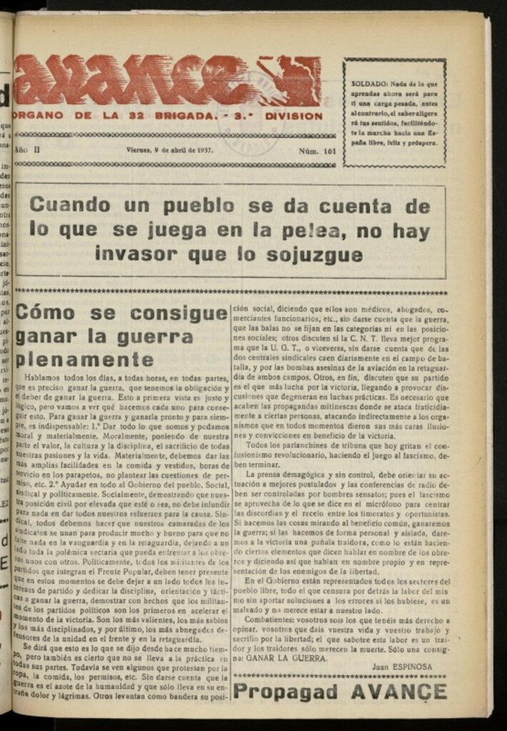Miniatura de Avance: boletín de lucha antifascista de 9 de abril de 1937, nº 161
