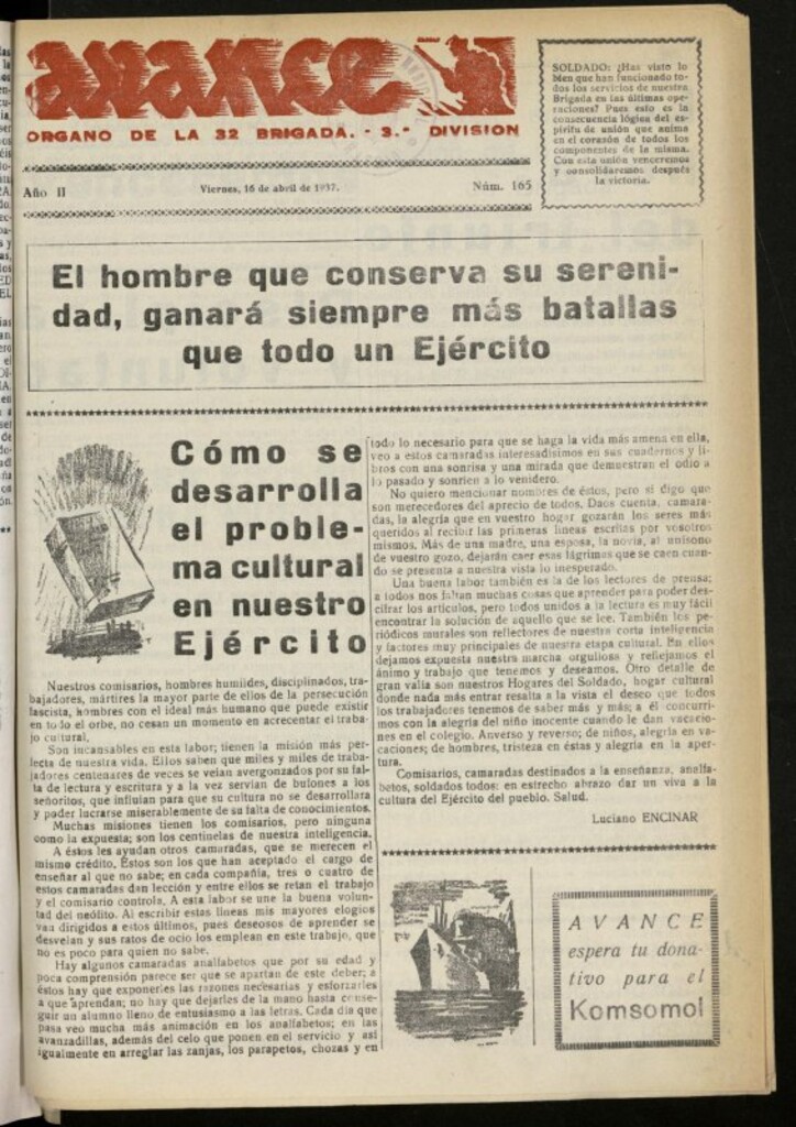 Miniatura de Avance: boletín de lucha antifascista de 16 de abril de 1937, nº 165