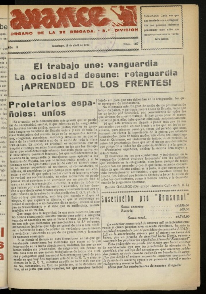 Miniatura de Avance: boletín de lucha antifascista de 18 de abril de 1937, nº 167