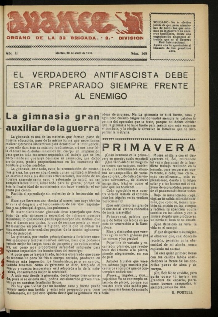 Miniatura de Avance: boletín de lucha antifascista de 20 de abril de 1937, nº 168