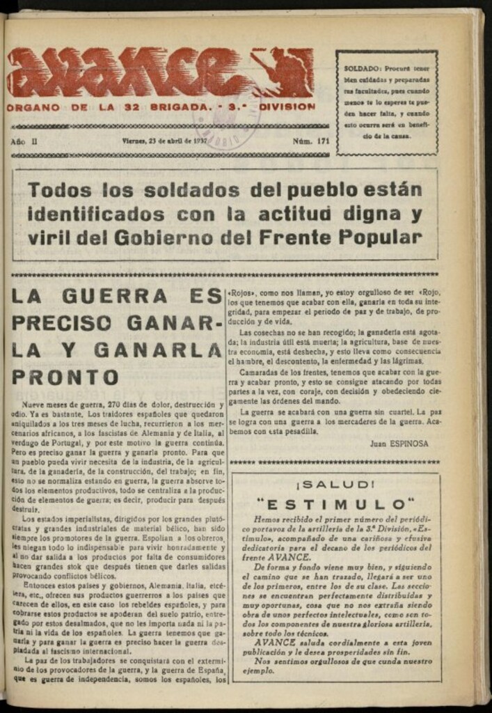 Miniatura de Avance: boletín de lucha antifascista de 23 de abril de 1937, nº 171
