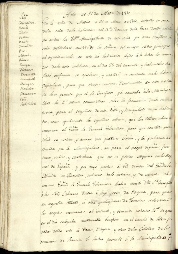 Miniatura de Libro de Acuerdos del Ayuntamiento de Madrid del 31 de marzo de 1810