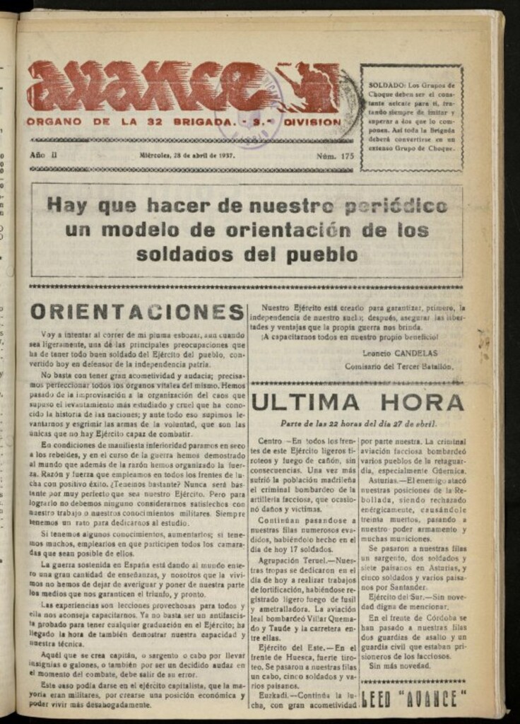 Miniatura de Avance: boletín de lucha antifascista de 28 de abril de 1937, nº 175
