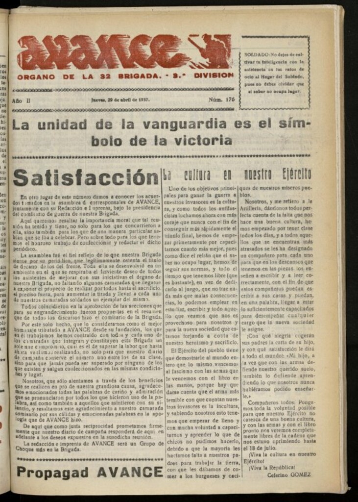 Miniatura de Avance: boletín de lucha antifascista de 29 de abril de 1937, nº 176