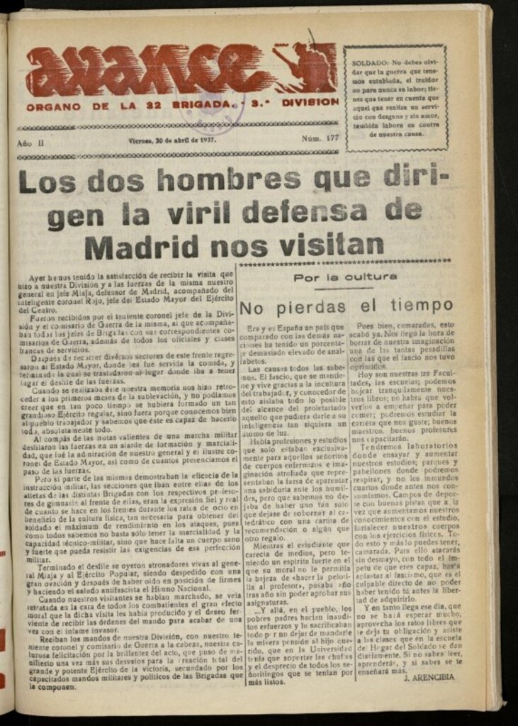 Miniatura de Avance: boletín de lucha antifascista de 30 de abril de 1937, nº 177