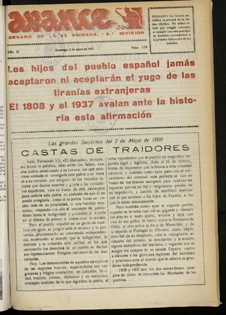 Miniatura de Avance: boletín de lucha antifascista de 2 de mayo de 1937, nº 179