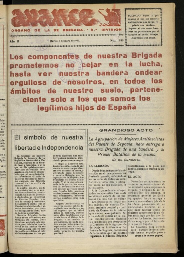 Miniatura de Avance: boletín de lucha antifascista de 4 de mayo de 1937, nº 180