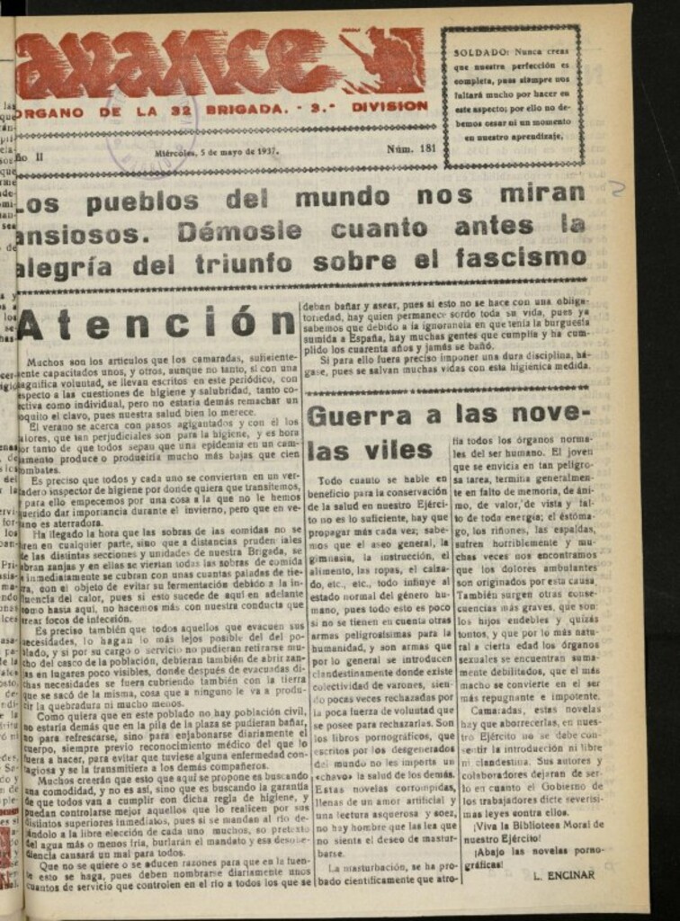Miniatura de Avance: boletín de lucha antifascista de 5 de mayo de 1937, nº 181