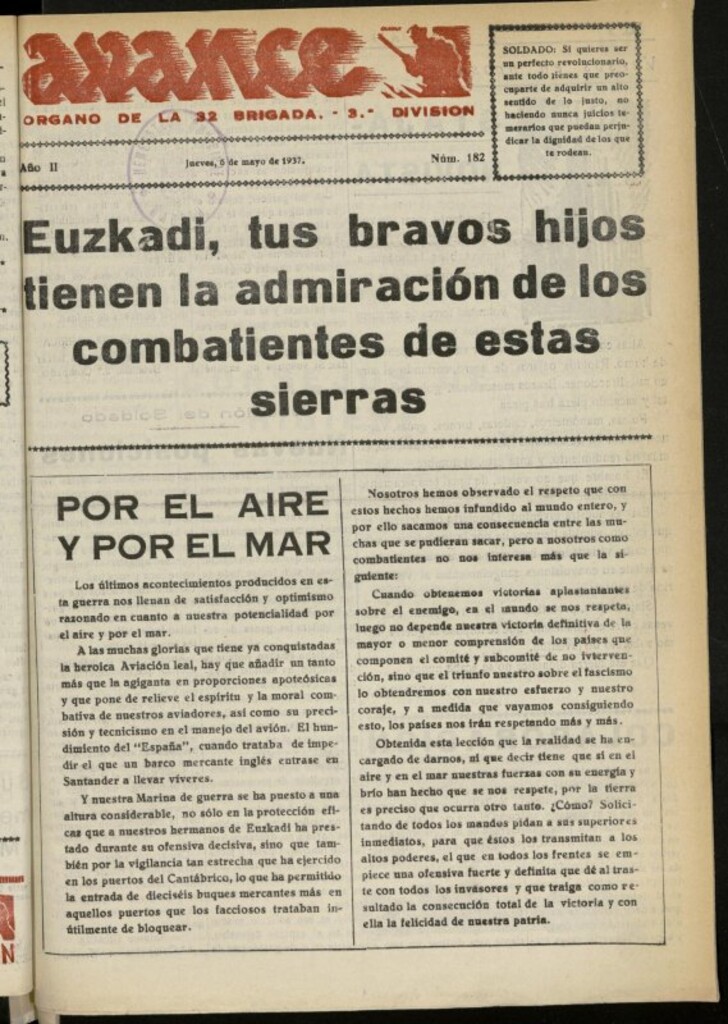 Miniatura de Avance: boletín de lucha antifascista de 6 de mayo de 1937, nº 182