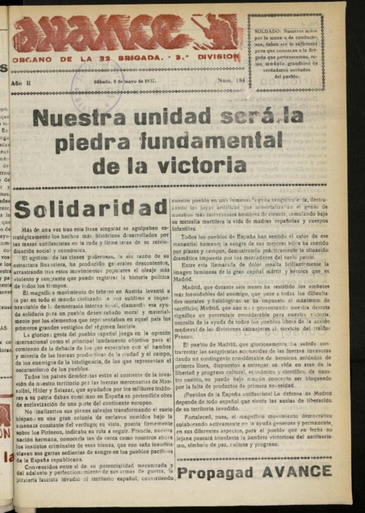 Miniatura de Avance: boletín de lucha antifascista de 8 de mayo de 1937, nº 184
