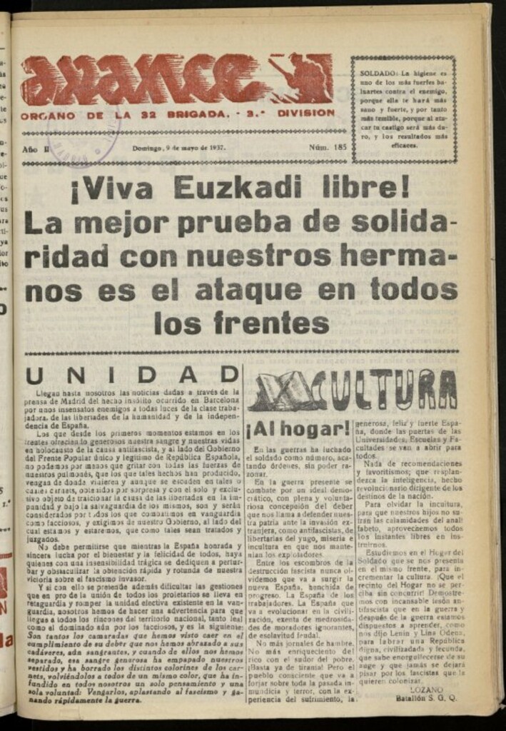Miniatura de Avance: boletín de lucha antifascista de 9 de mayo de 1937, nº 185