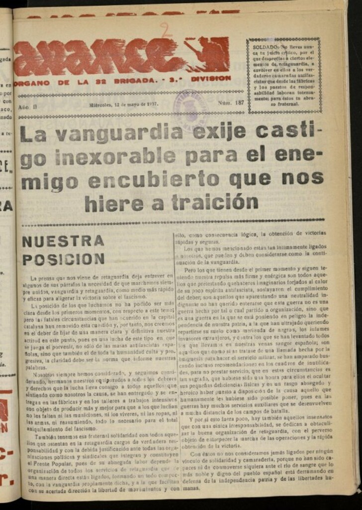 Miniatura de Avance: boletín de lucha antifascista de 12 de mayo de 1937, nº 187