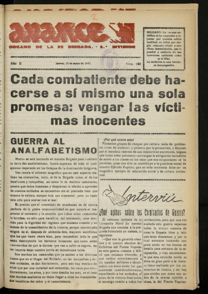 Miniatura de Avance: boletín de lucha antifascista del 13 de mayo de 1937, nº 188
