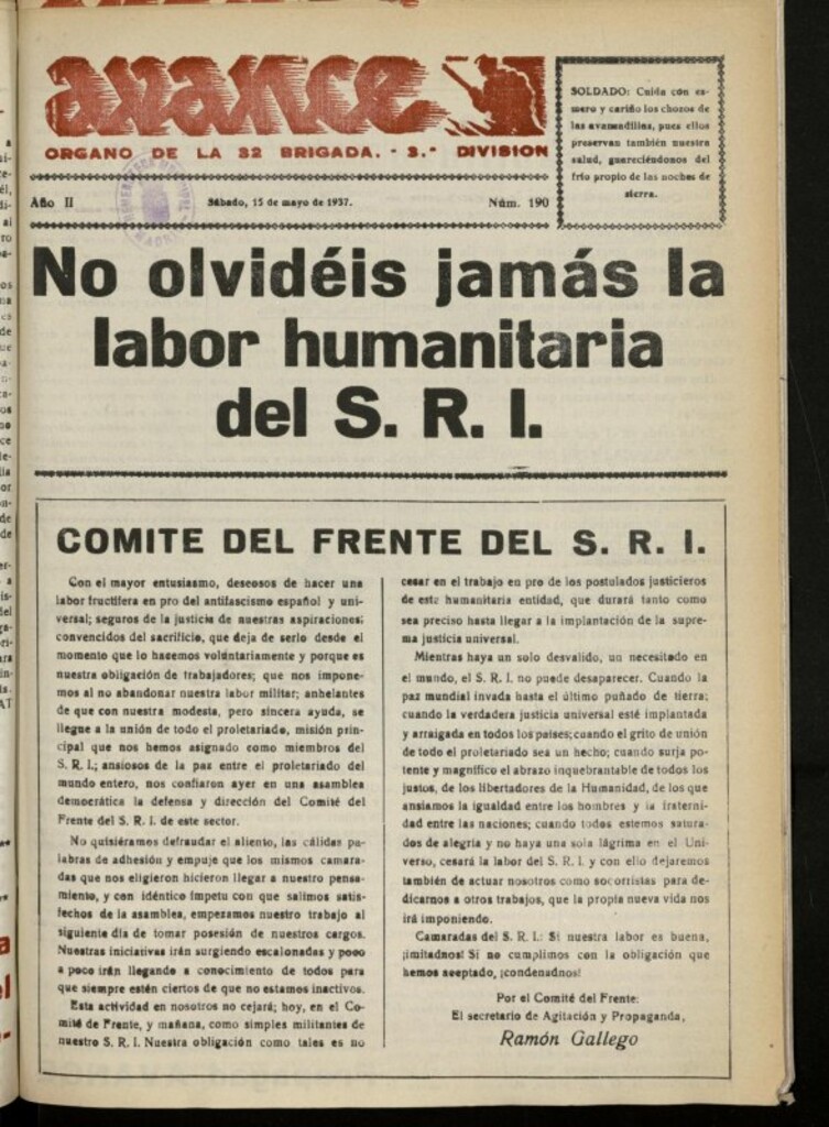Miniatura de Avance: boletín de lucha antifascista de 15 de mayo de 1937, nº 190