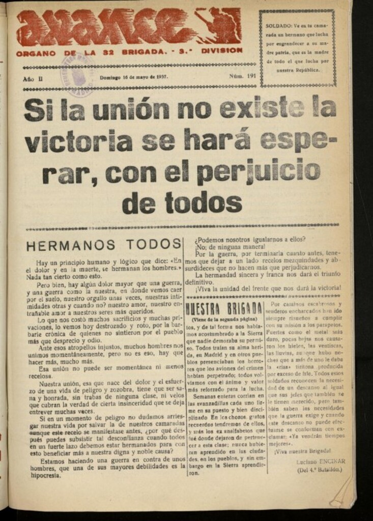 Miniatura de Avance: boletín de lucha antifascista de 16 de mayo de 1937, nº 191