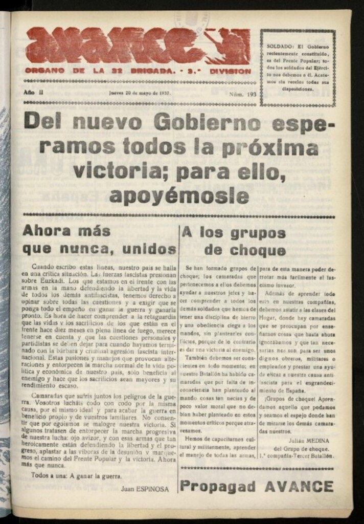 Miniatura de Avance: boletín de lucha antifascista de 20 de mayo de 1937, nº 193