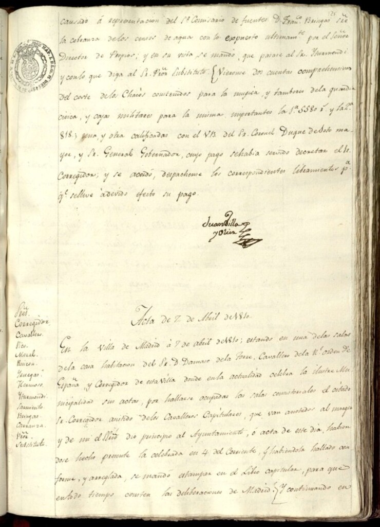 Miniatura de Libro de Acuerdos del Ayuntamiento de Madrid del 7 de abril de 1810