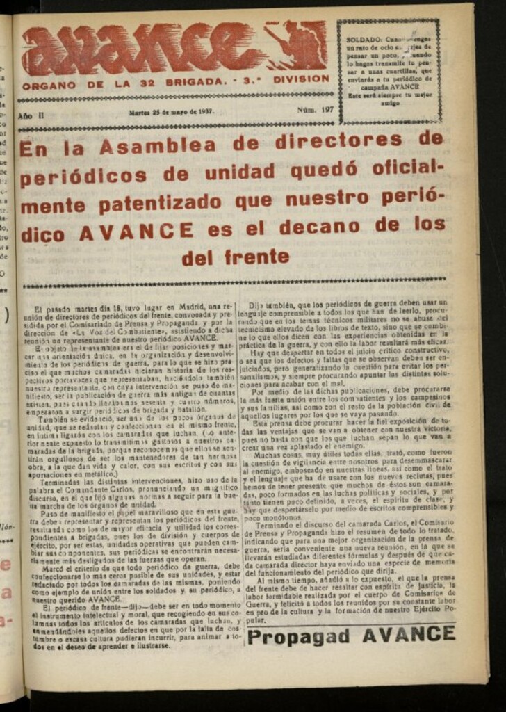 Miniatura de Avance: boletín de lucha antifascista de 25 de mayo de 1937, nº 197