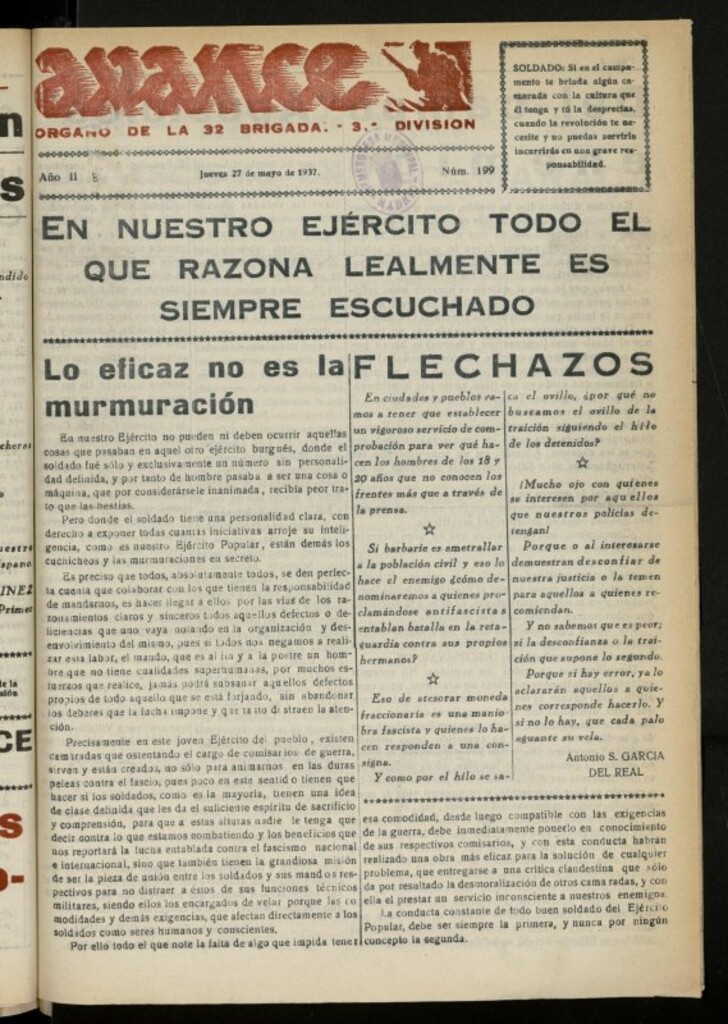 Miniatura de Avance: boletín de lucha antifascista del 27 de mayo de 1937, nº 199