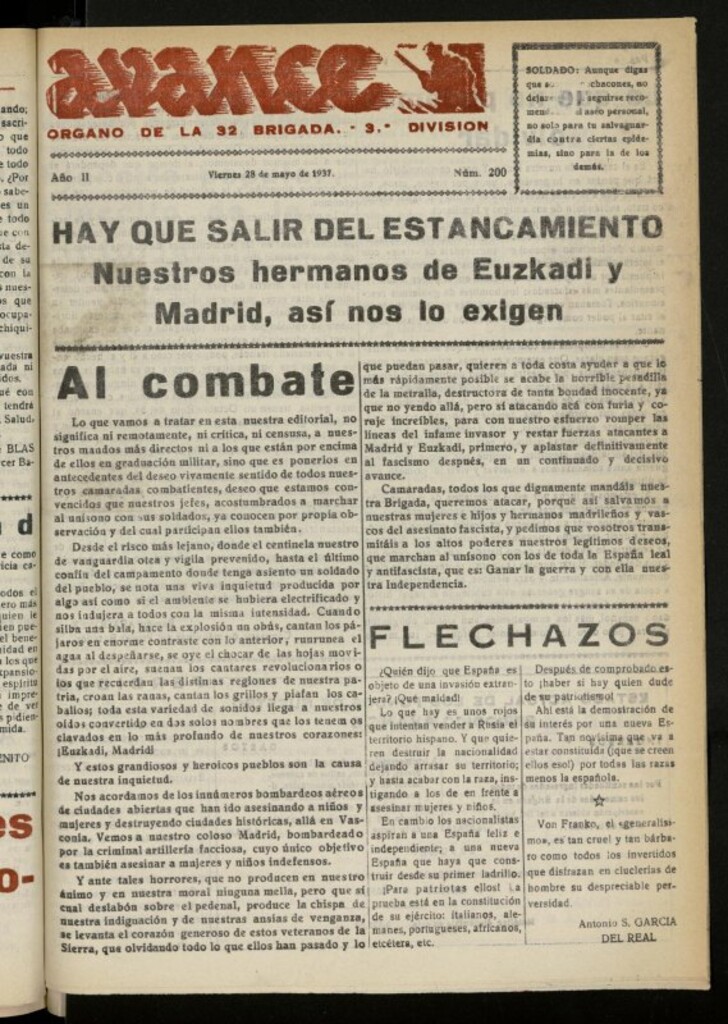 Miniatura de Avance: boletín de lucha antifascista de 28 de mayo de 1937, nº 200